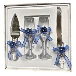 4 Piece Mis Quince Anos Cake Knife and Server Set with Champagne Toasting Glass Flutes White Flower Blue Design